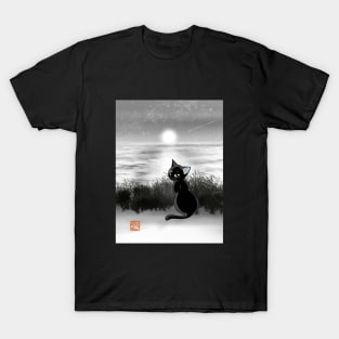 Moonlit Sea And Black Cat T-Shirt